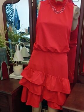 TCEC Red Sleeveless Ruffled Tiered Midi Dress